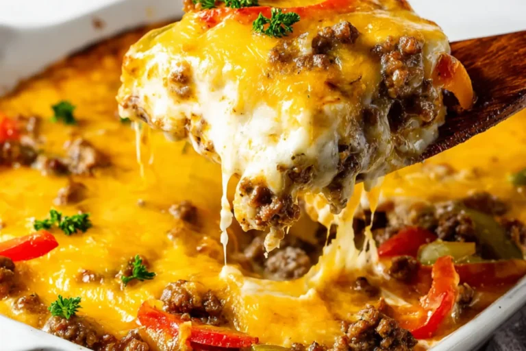 Philly Cheesesteak Casserole Ground Beef recipe, served and ready to eat, easy homemade dish
