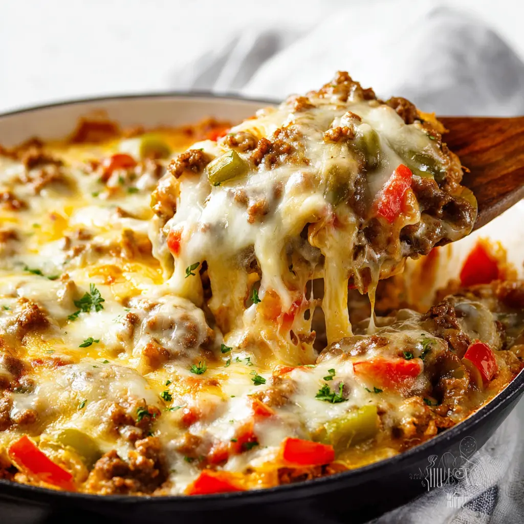 Philly Cheesesteak Casserole Ground Beef Cozy Satisfying Dinner Your Family Will Love 2 Philly Cheesesteak Casserole Ground Beef recipe, served and ready to eat, easy homemade dish