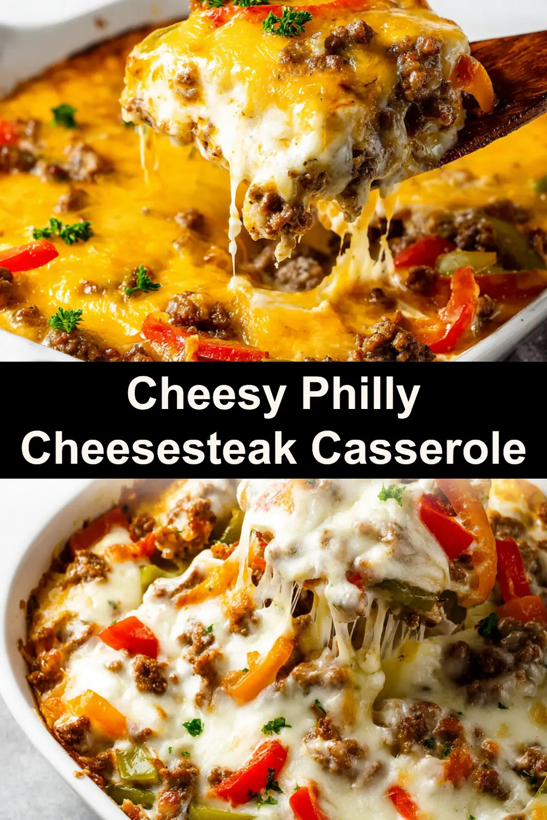 Philly Cheesesteak Casserole Ground Beef Cozy Satisfying Dinner Your Family Will Love 3 Philly Cheesesteak Casserole Ground Beef recipe, served and ready to eat, easy homemade dish_pin