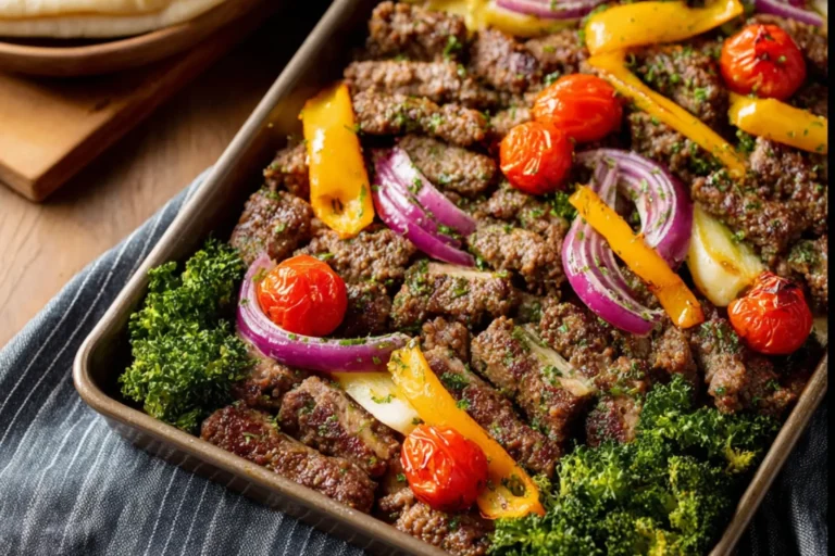 Sheet Pan Ground Beef Dinner recipe, served and ready to eat, easy homemade dish