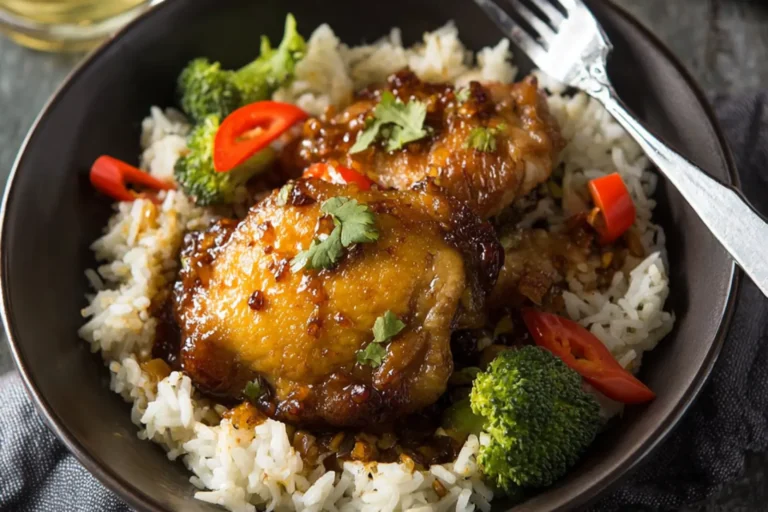 Slow Cooker Asian Chicken Thighs Rice recipe, served and ready to eat, easy homemade dish