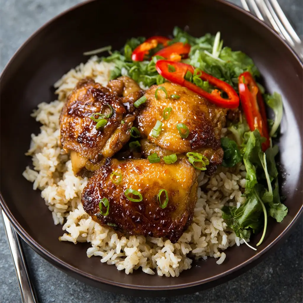 Slow Cooker Asian Chicken Thighs Rice Warm Comforting Real Family Favorite 2 Slow Cooker Asian Chicken Thighs Rice served in a bowl over white rice with vegetable medley