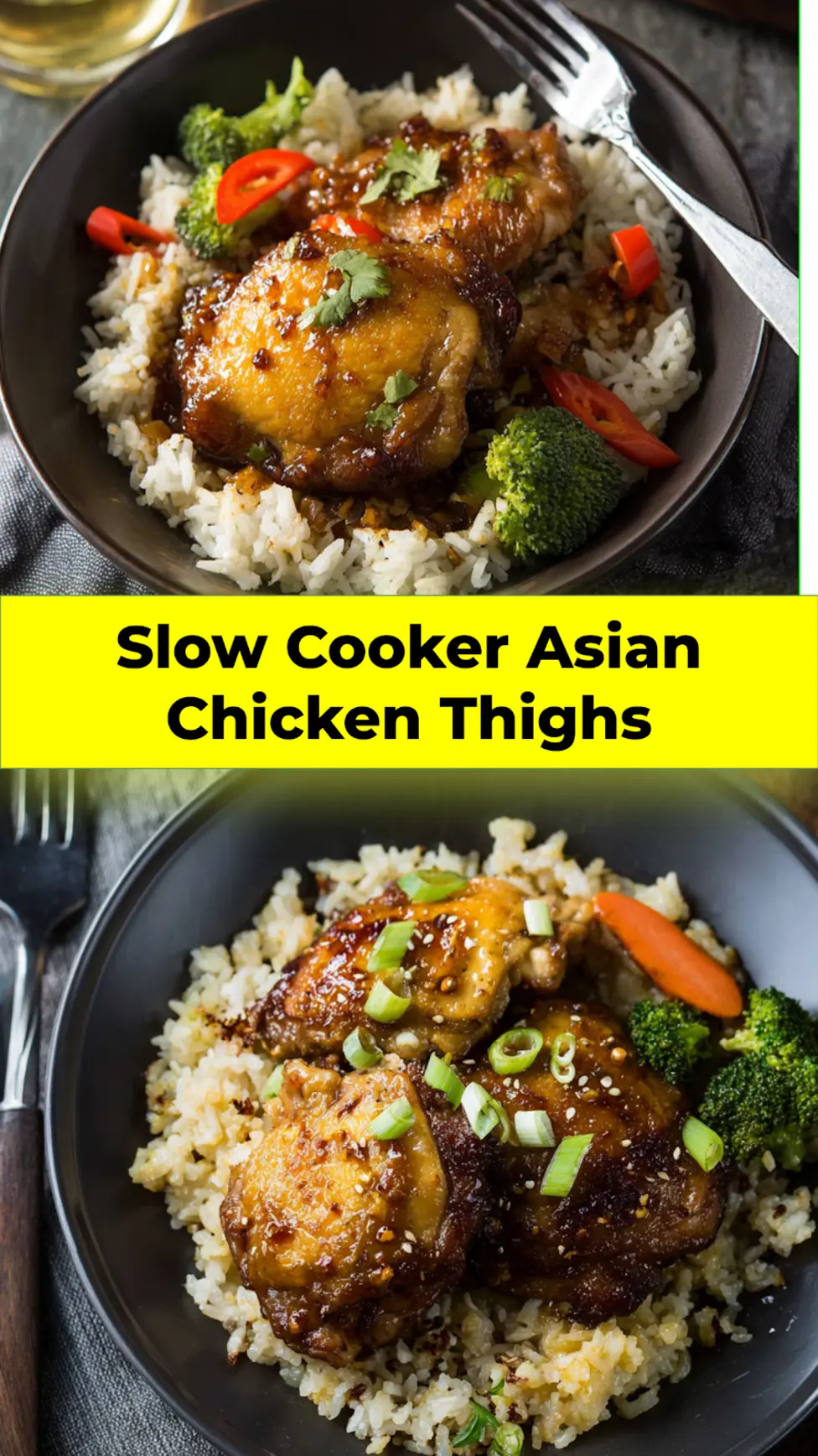 Slow Cooker Asian Chicken Thighs Rice Warm Comforting Real Family Favorite 3 Slow Cooker Asian Chicken Thighs Rice pinnable image showing the finished dish over white rice