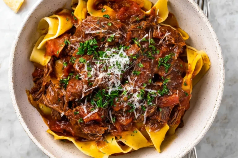 Slow Cooker Beef Ragu Pasta recipe, served and ready to eat, easy homemade dish