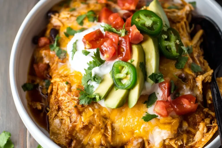Slow Cooker Chicken Enchilada Casserole recipe, served and ready to eat, easy homemade dish