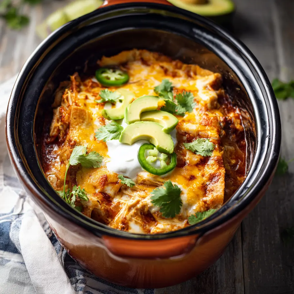 Slow Cooker Chicken Enchilada Casserole Warm Cheesy Real Family Comfort 2 Slow Cooker Chicken Enchilada Casserole served and ready to eat, an easy homemade comfort food dish