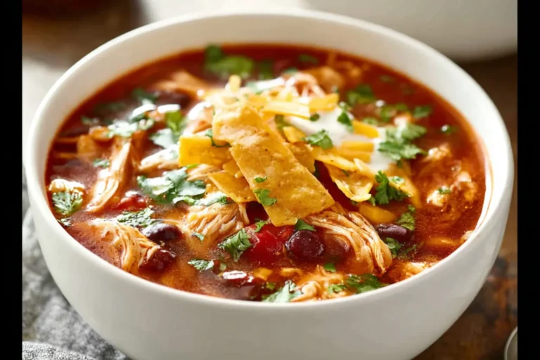 Slow Cooker Chicken Enchilada Soup recipe, served and ready to eat, easy homemade dish