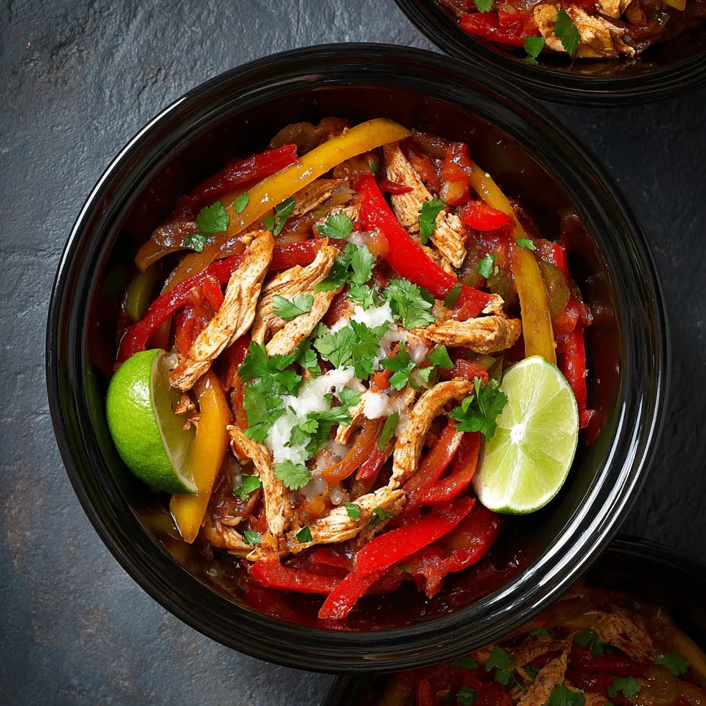 Slow Cooker Chicken Fajita Bowls served and ready to eat, made in the crockpot with tender chicken, colorful bell peppers, and bold fajita seasoning