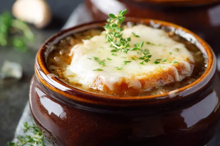 Slow Cooker French Onion Soup recipe, served and ready to eat, easy homemade dish
