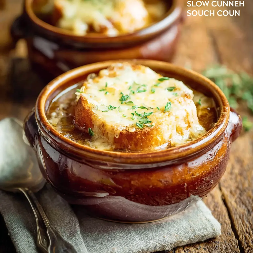 Slow Cooker French Onion Soup Rich Comforting Recipe You Need to Make Now 2 Slow Cooker French Onion Soup recipe, served and ready to eat, easy homemade dish