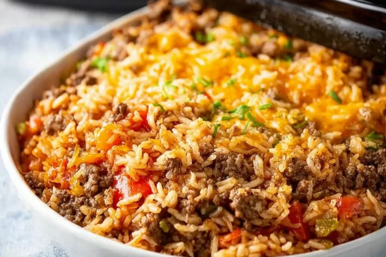 Slow Cooker Ground Beef Rice Casserole recipe, served and ready to eat, easy homemade dish