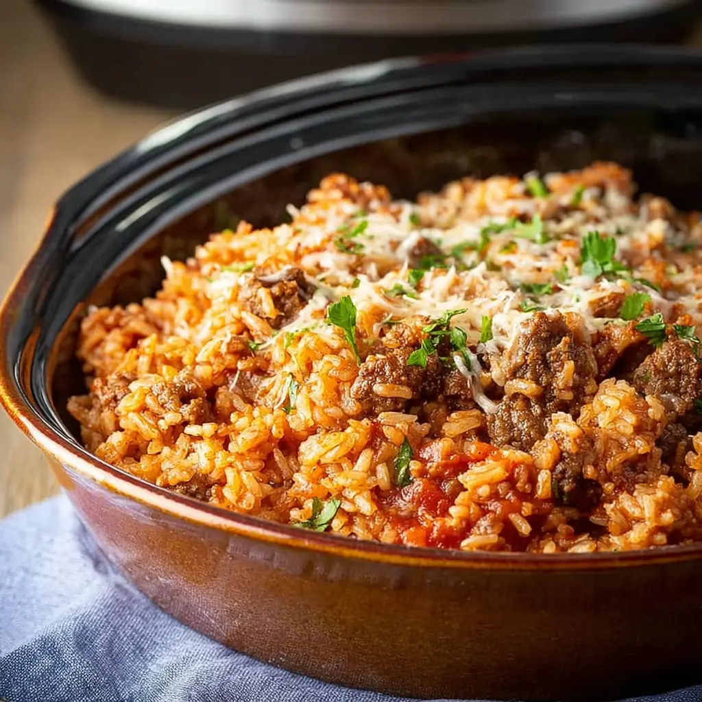 Slow Cooker Ground Beef Rice Casserole recipe, served and ready to eat, easy homemade dish