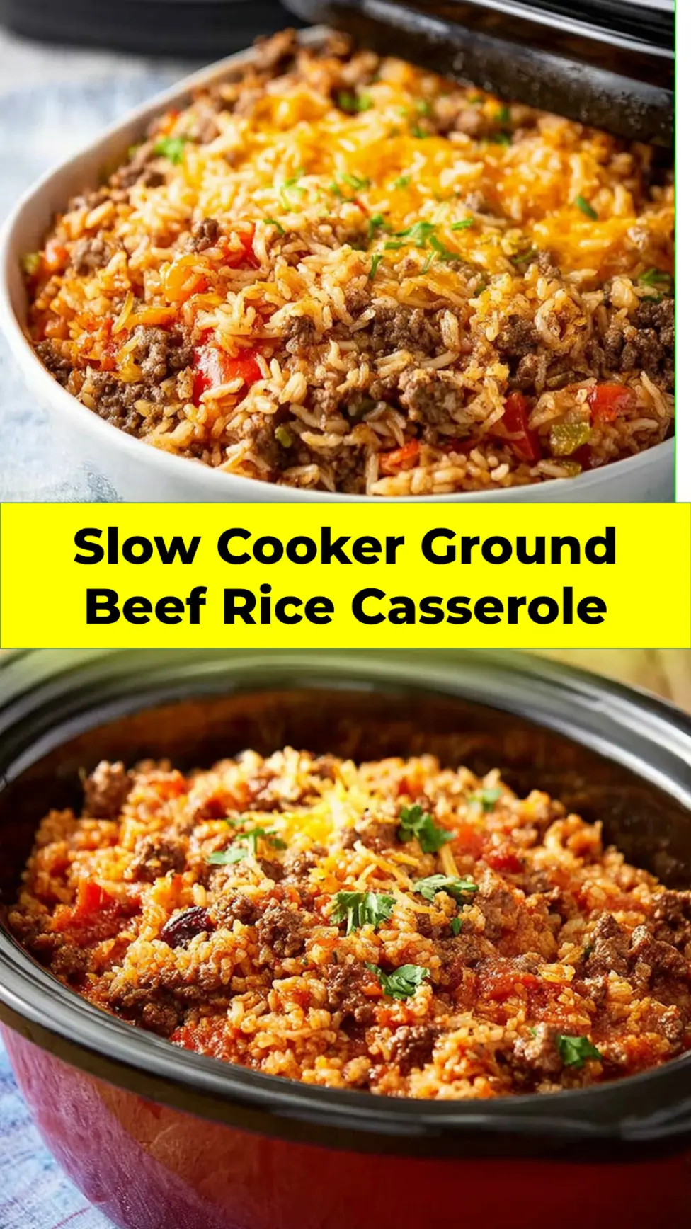 Slow Cooker Ground Beef Rice Casserole recipe, served and ready to eat, easy homemade dish