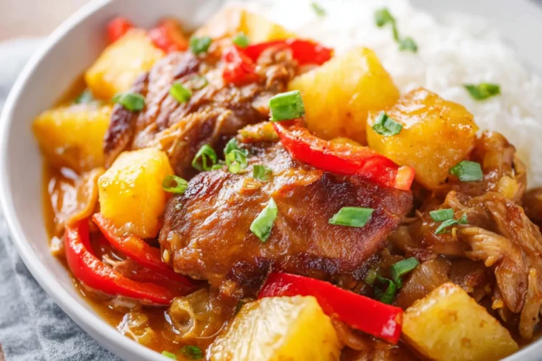 Slow Cooker Hawaiian Chicken Pineapple recipe, served and ready to eat, easy homemade dish