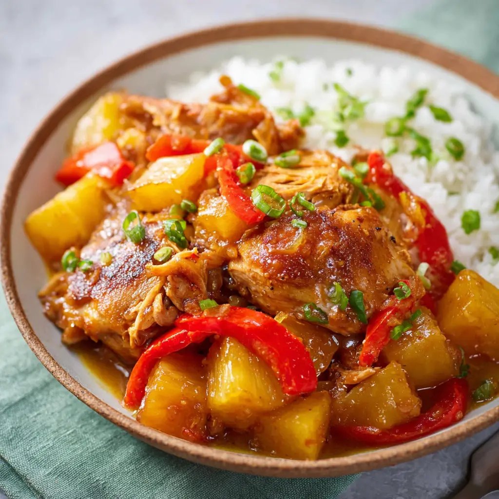 Hawaiian Chicken Crockpot Pineapple Cozy Satisfying Dinner Your Family Will Love 2 Slow Cooker Hawaiian Chicken Pineapple recipe, served and ready to eat, easy homemade dish