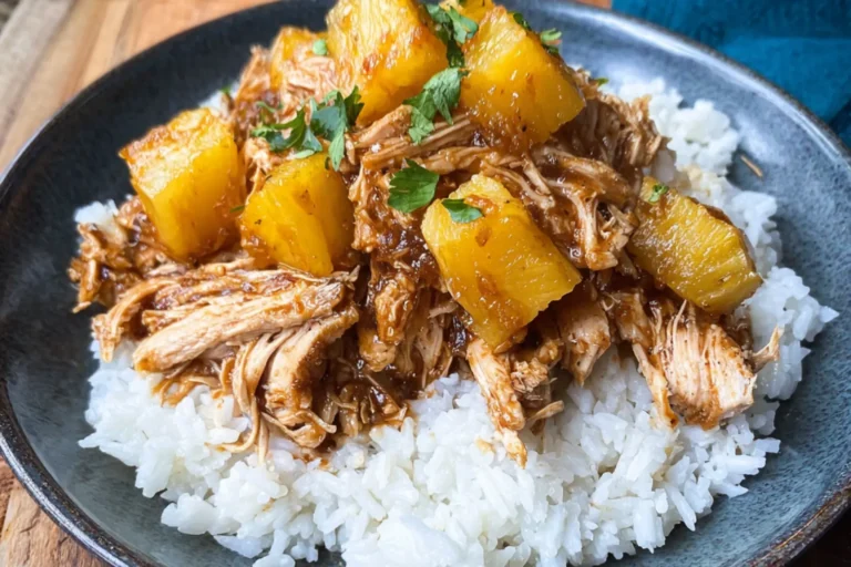 Slow Cooker Hawaiian Pineapple Chicken recipe, served and ready to eat, easy homemade dish