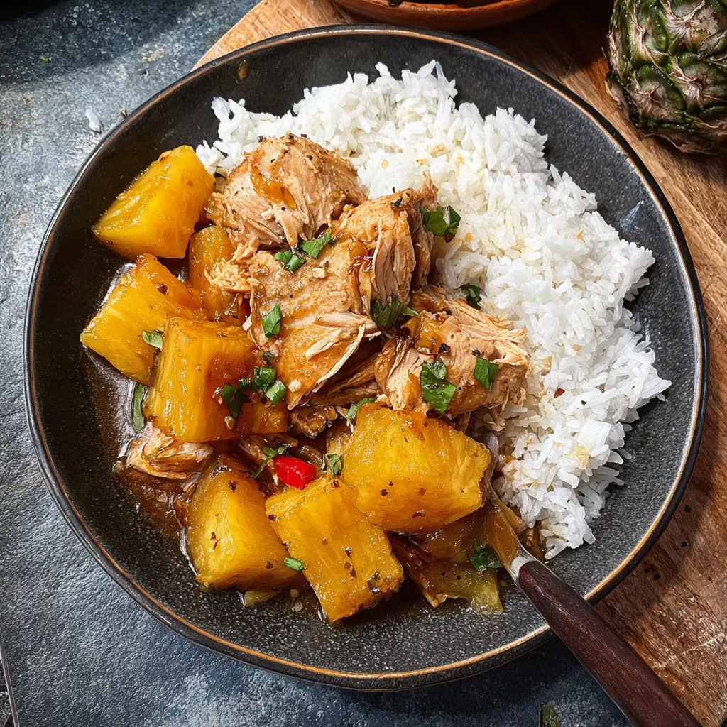 Slow Cooker Hawaiian Pineapple Chicken Warm Satisfying Recipe You Will Love 2 Slow Cooker Hawaiian Pineapple Chicken served over rice, ready to eat