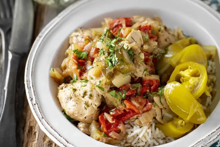Slow Cooker Italian Chicken Pepperoncini recipe, served and ready to eat, easy homemade dish