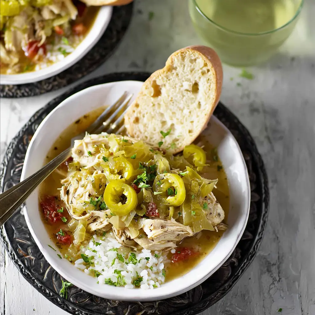Crockpot Italian Chicken Pepperoncini Cozy Satisfying Dinner Your Family Will Love 2 Slow Cooker Italian Chicken Pepperoncini recipe, served and ready to eat, easy homemade dish