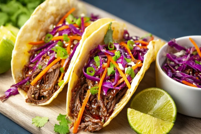 Slow Cooker Korean Gochujang Beef Tacos recipe, served and ready to eat, easy homemade dish