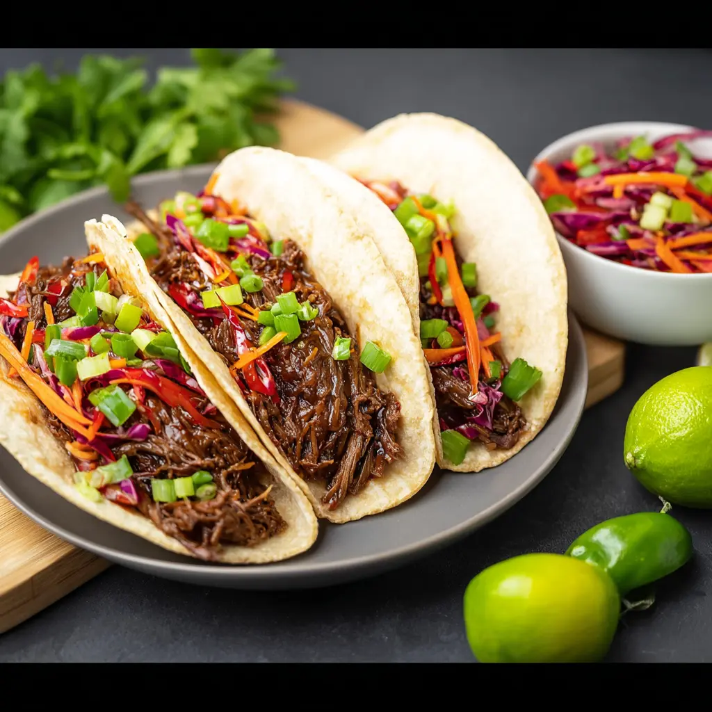 Slow Cooker Korean Gochujang Beef Tacos Your Family Will Love 2 Slow Cooker Korean Gochujang Beef Tacos served and ready to eat
