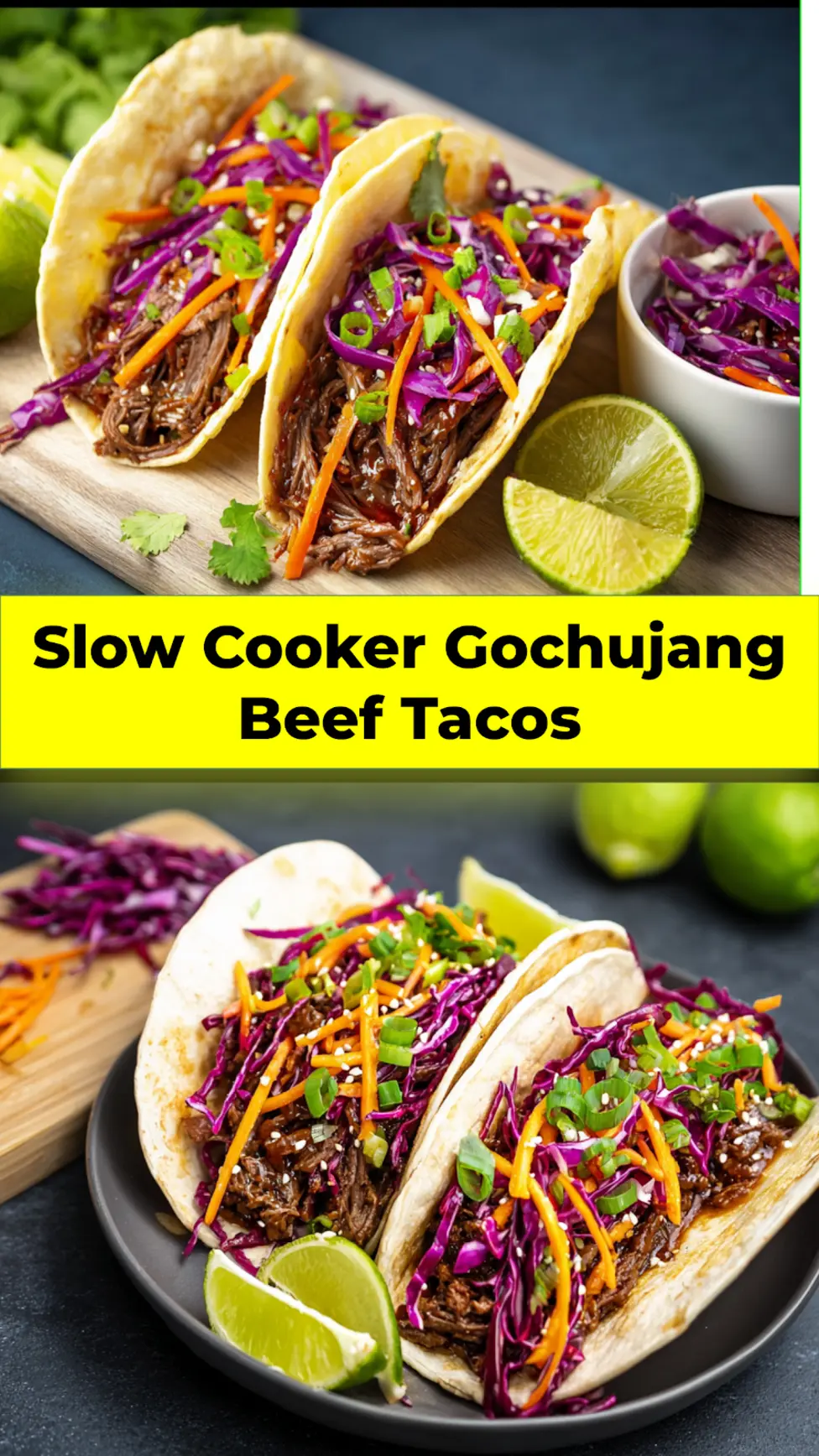 Slow Cooker Korean Gochujang Beef Tacos Your Family Will Love 3 Slow Cooker Korean Gochujang Beef Tacos served and ready to eat save this recipe for your next taco night