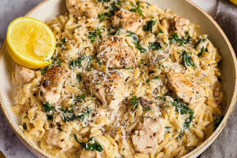 Slow Cooker Lemon Butter Chicken Orzo recipe, served and ready to eat, easy homemade dish