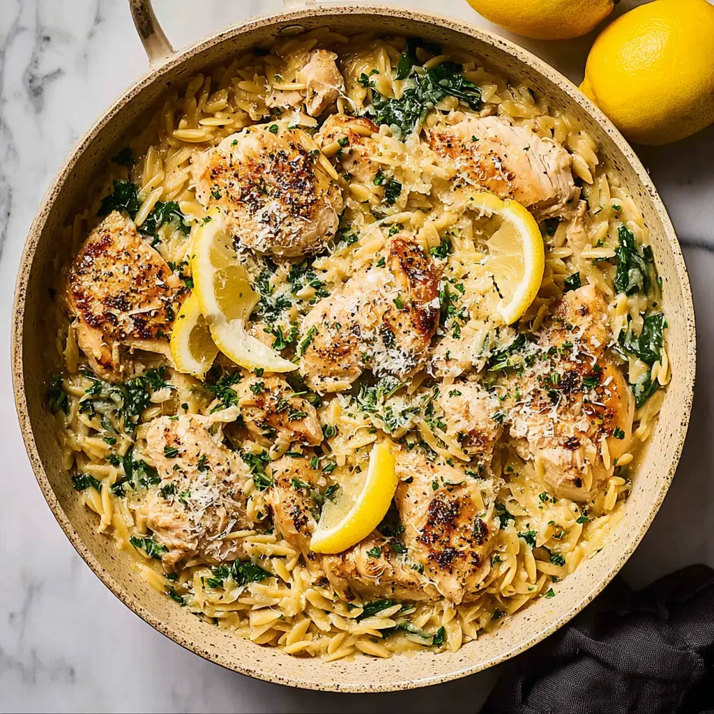 Slow Cooker Lemon Butter Chicken Orzo recipe, served and ready to eat, easy homemade dish