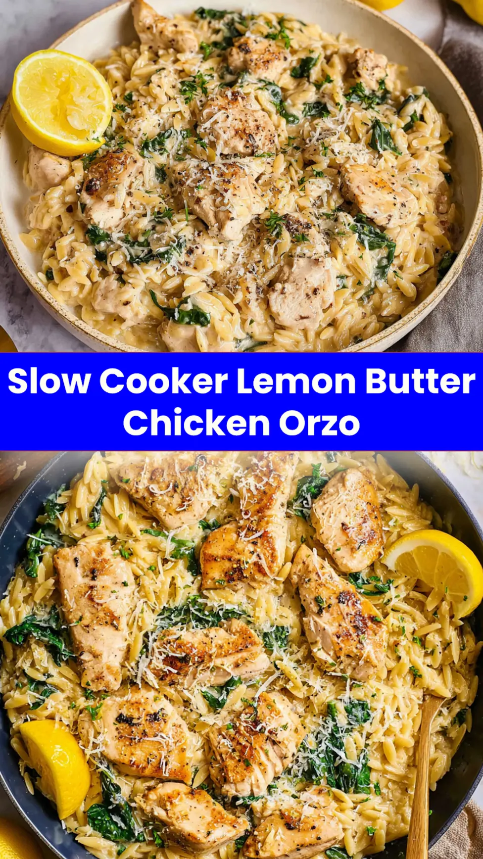 Slow Cooker Lemon Butter Chicken Orzo recipe, served and ready to eat, easy homemade dish