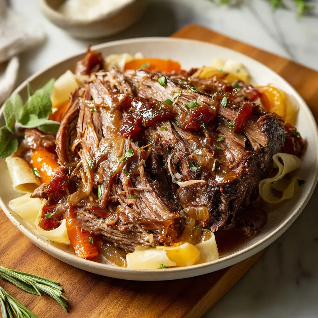 Slow Cooker Marry Me Pot Roast served over pappardelle pasta with creamy herb gravy and fresh basil