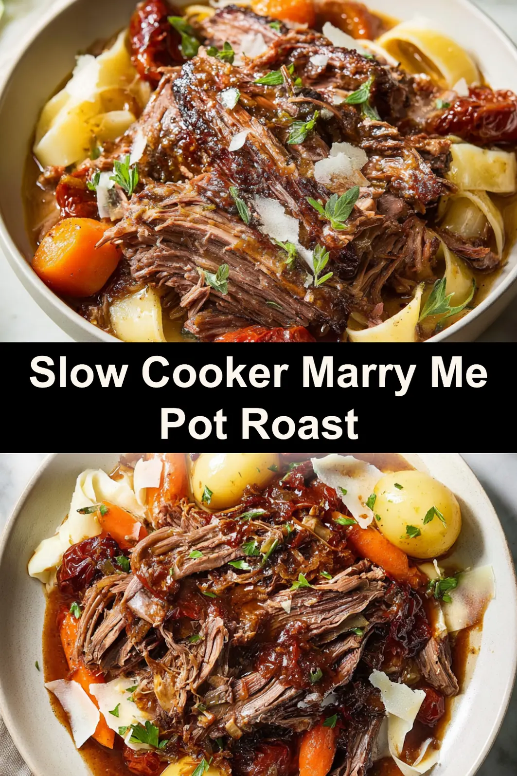 Slow Cooker Marry Me Pot Roast served over pappardelle pasta with creamy mushroom herb gravy  easy crockpot dinner recipe