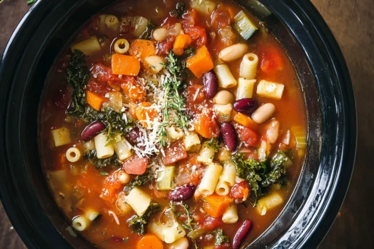 Slow Cooker Minestrone Soup recipe, served and ready to eat, easy homemade dish