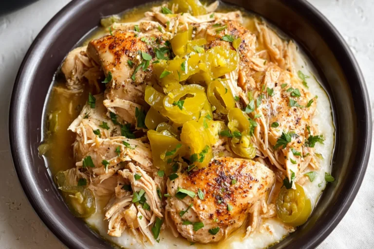 Slow Cooker Mississippi Chicken Pepperoncini recipe, served and ready to eat, easy homemade dish