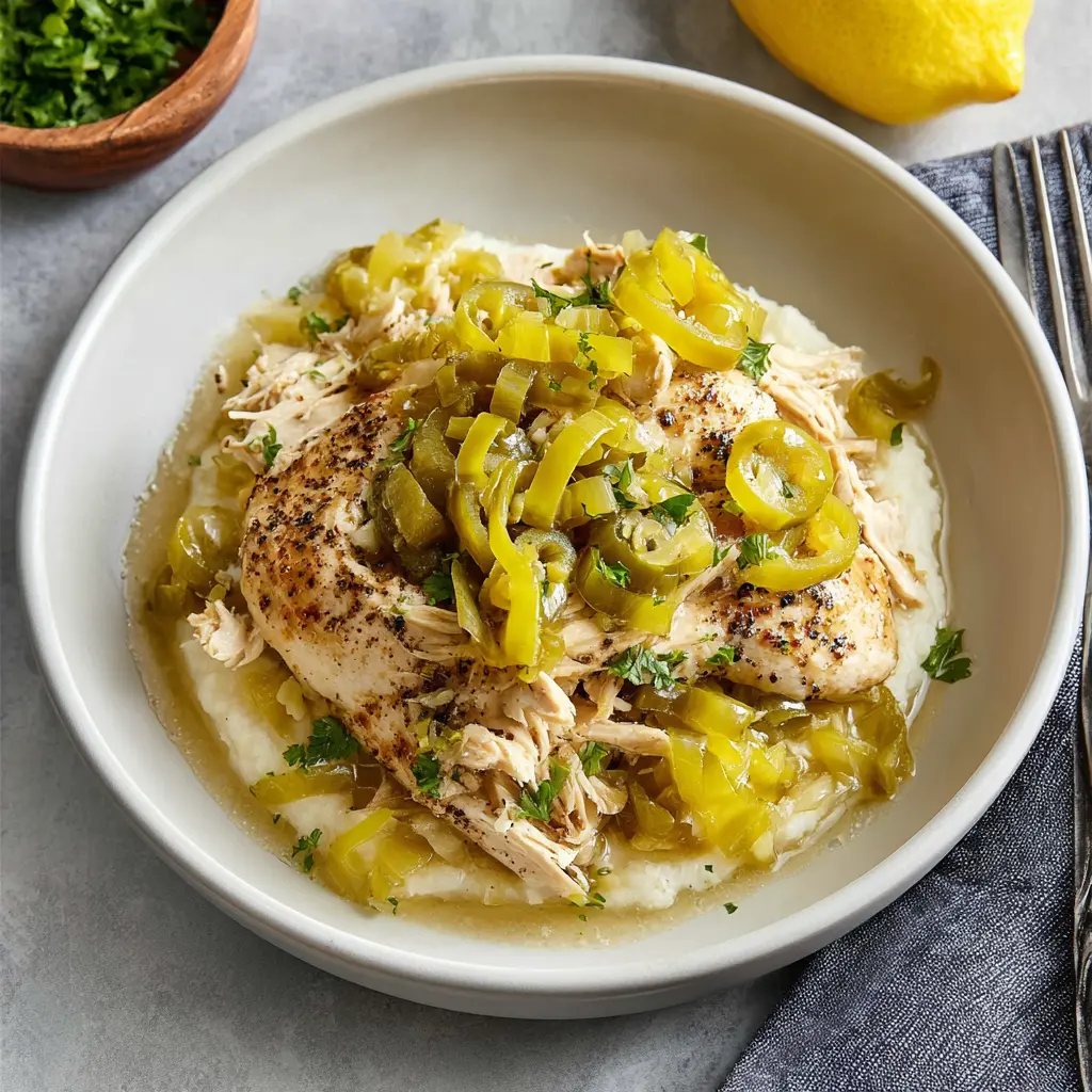 Mississippi Chicken Crockpot Pepperoncini Cozy Real Satisfying Dinner Your Family Will Love 2 Slow Cooker Mississippi Chicken Pepperoncini recipe, served and ready to eat, easy homemade dish