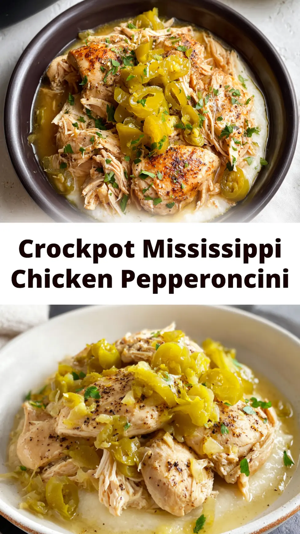 Mississippi Chicken Crockpot Pepperoncini Cozy Real Satisfying Dinner Your Family Will Love 3 Slow Cooker Mississippi Chicken Pepperoncini recipe, served and ready to eat, easy homemade dish