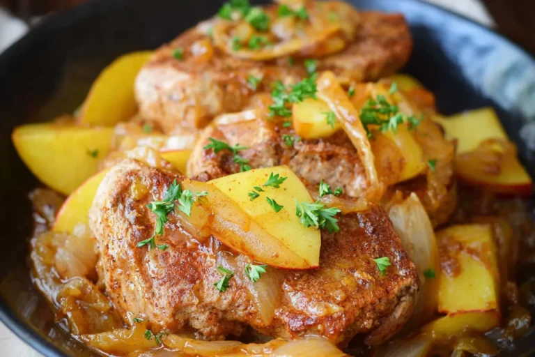 Slow Cooker Pork Chops Apple recipe, served and ready to eat, easy homemade dish