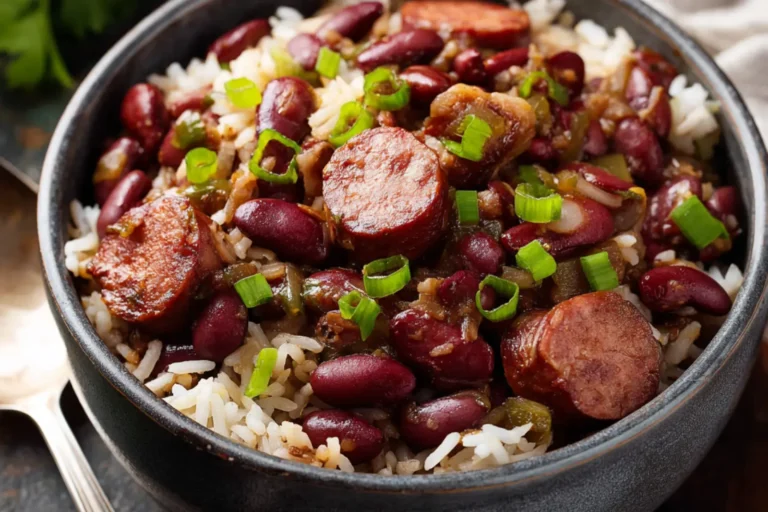 Slow Cooker Red Beans Rice Sausage recipe, served and ready to eat, easy homemade dish