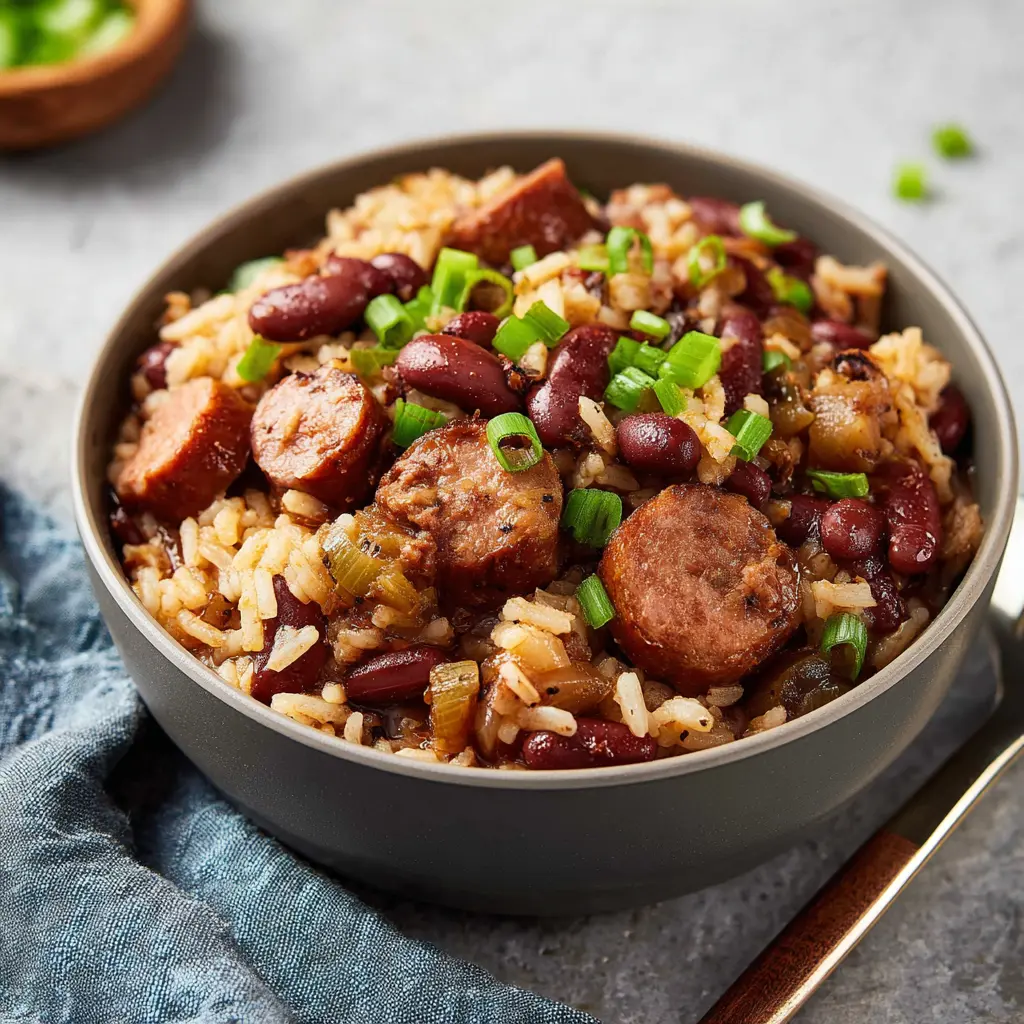 Slow cooker red beans and rice with sausage, served in a bowl and ready to eat