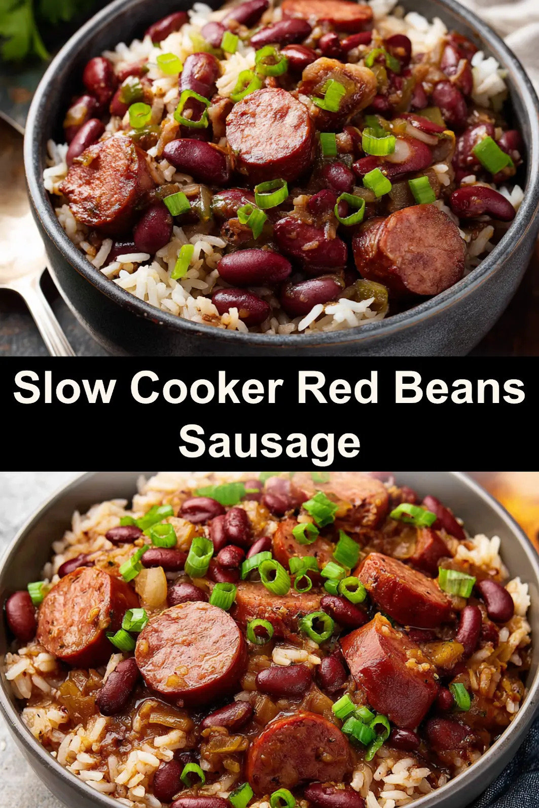 Slow cooker red beans and rice with sausage, served in a bowl  easy homemade weeknight dinner