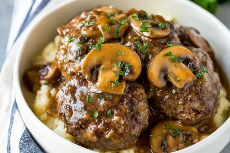 Slow Cooker Salisbury Steak Mushroom Gravy recipe, served and ready to eat, easy homemade dish