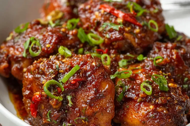 Sweet Spicy Crockpot Chicken Thighs recipe, served and ready to eat, easy homemade dish