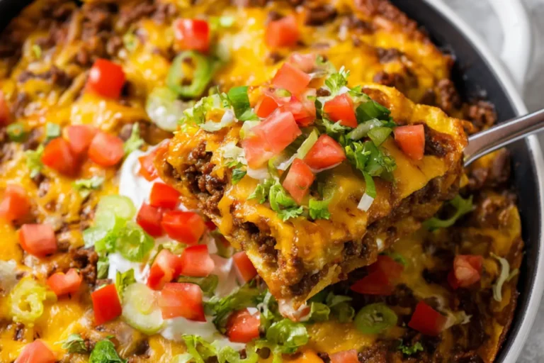 TACO CASSEROLE GROUND BEEF BAKED recipe, served and ready to eat, easy homemade dish