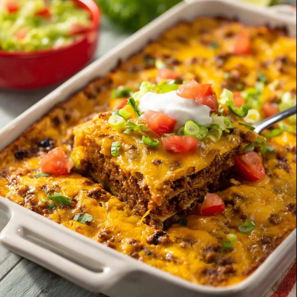 Taco Casserole Ground Beef Baked Warm and Satisfying Your New Favorite Dinner 2 Baked taco casserole with ground beef, topped with melted cheddar cheese, sliced and ready to serve