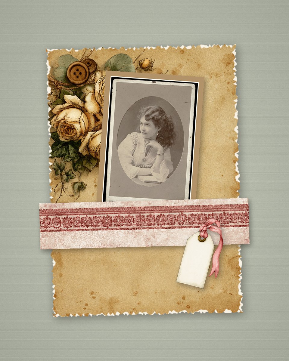 50 Junk Journal Ideas to Fill Every Page (Spreads, Themes & Techniques) 6 Junk journal page with a Victorian cabinet card portrait, a red lace paper belly band across the page and a tag tucked under it