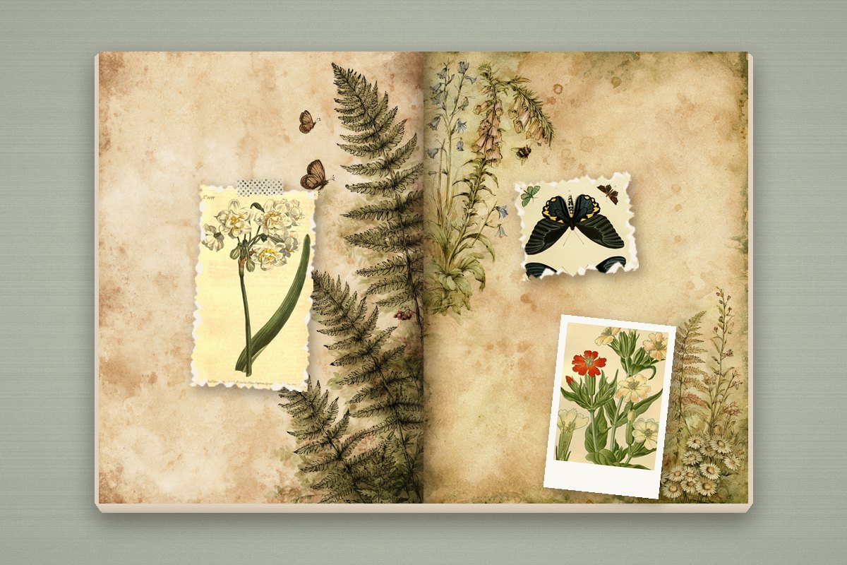 50 Junk Journal Ideas to Fill Every Page (Spreads, Themes & Techniques) 9 Botanical junk journal spread with fern pages, an antique daffodil print, a butterfly plate and a campion flower print in a white frame