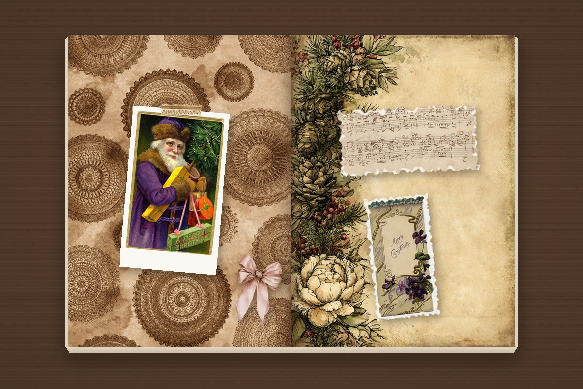 50 Junk Journal Ideas to Fill Every Page (Spreads, Themes & Techniques) 12 Christmas junk journal spread with a vintage Santa postcard, torn antique sheet music, a violet Merry Christmas card and a pink bow on doily paper