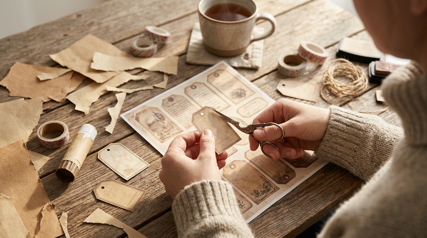 Woman's hands cutting out printed vintage paper tags with small scissors beside kraft paper scraps, washi tape, a glue stick and a cup of tea