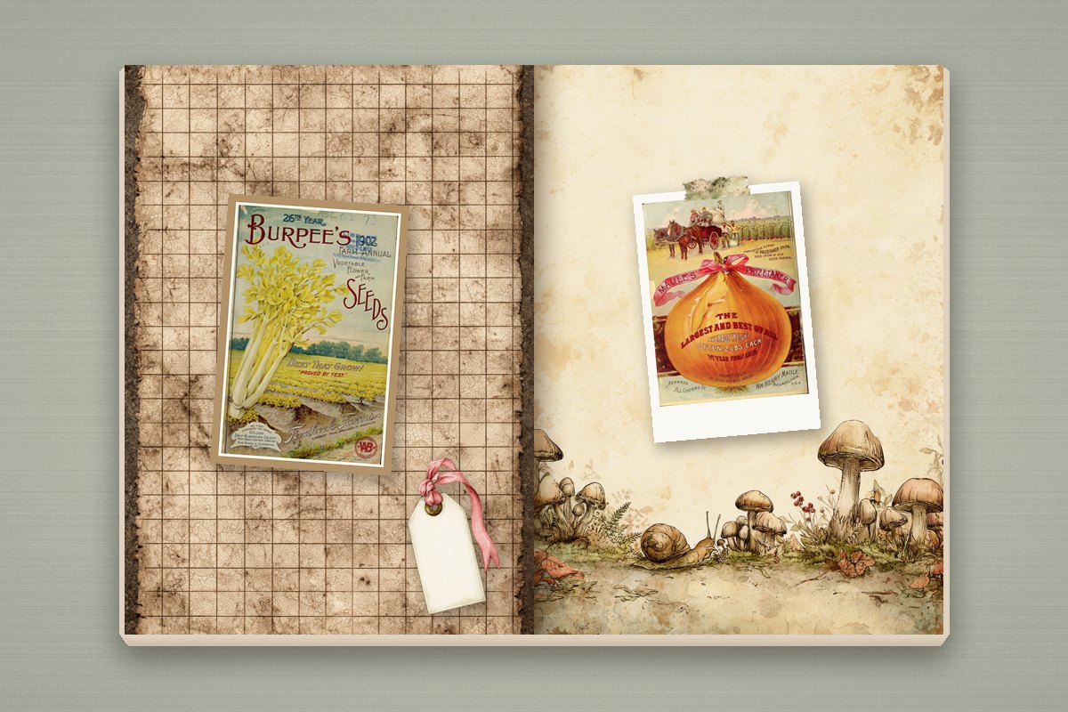 50 Junk Journal Ideas to Fill Every Page (Spreads, Themes & Techniques) 13 Garden planner junk journal spread with a 1902 Burpee seed catalog cover, an 1893 Maule onion seed catalog in a polaroid frame and a kraft tag on grid paper