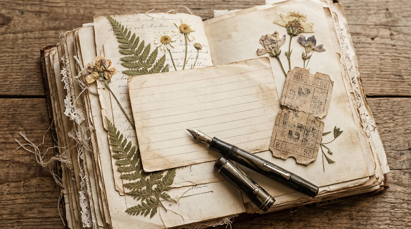 Blank lined journaling card tucked into a junk journal with a fountain pen, pressed fern and flowers, and a vintage ticket stub