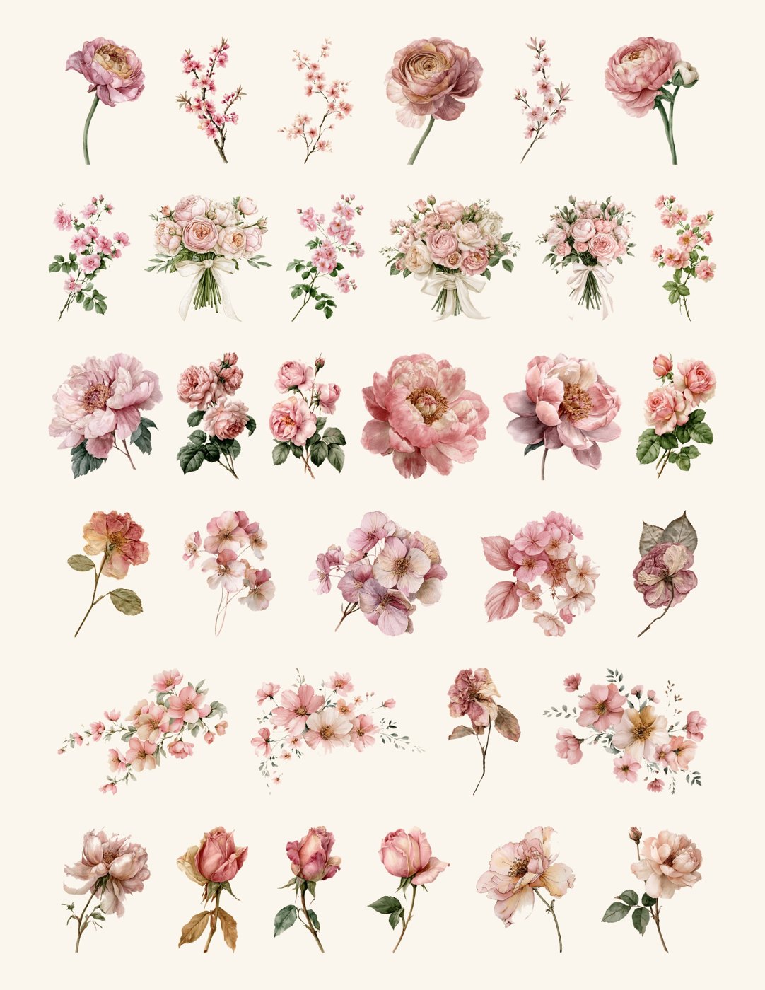 Blush Shabby Ephemera printable clipart set with pink watercolor roses